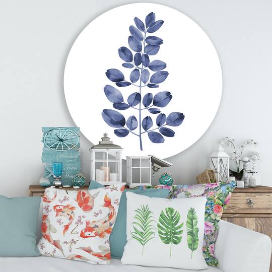 Designart - Navy Blue Eucalyptus II - Traditional Metal Circle Wall Art